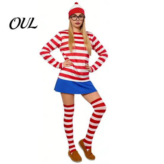 Costume Gioco di Ruolo per Bambini Adulti Halloween Camicia a Righe Rosse Bianche per Adulti Bambini, Occhiali da Secchione Outfit per Festival Cappello Incluso, Uomini Donne Bambini