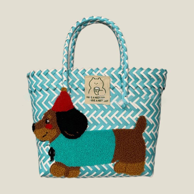 Retro Striped Dachshund Dog Woven Bag Trendy Cute Handbag Large Capacity Tote Bag  Bamboo Handle Vegetable Basket Bag