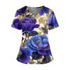 Ladies' Fashionable Floral Print V-neck Double Pocket Short Sleeved Shirt With Slit Hem And Protective Worker's Top