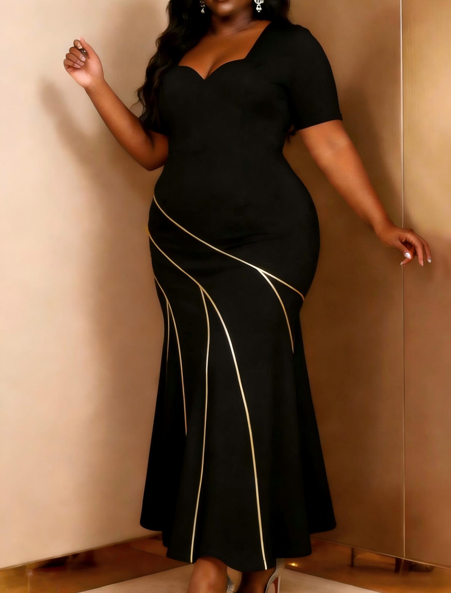 

Elegant Plus Size Black Mermaid Gown: Long-Sleeved, Waist-Cinched Banquet Dress 1XL чорний