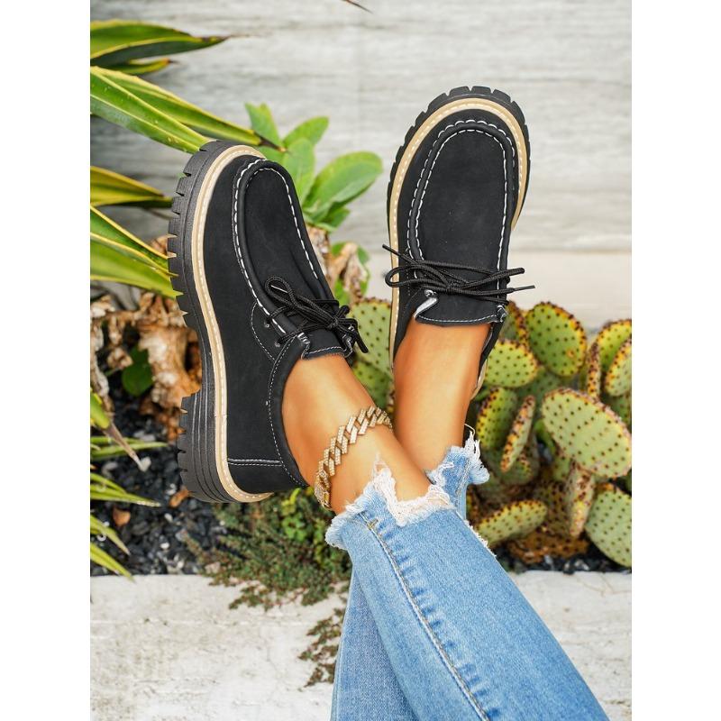 Women's Block Heel Non Slip Lace Up Leather Shoes Spring Autumn Solid Color British Style Loafers