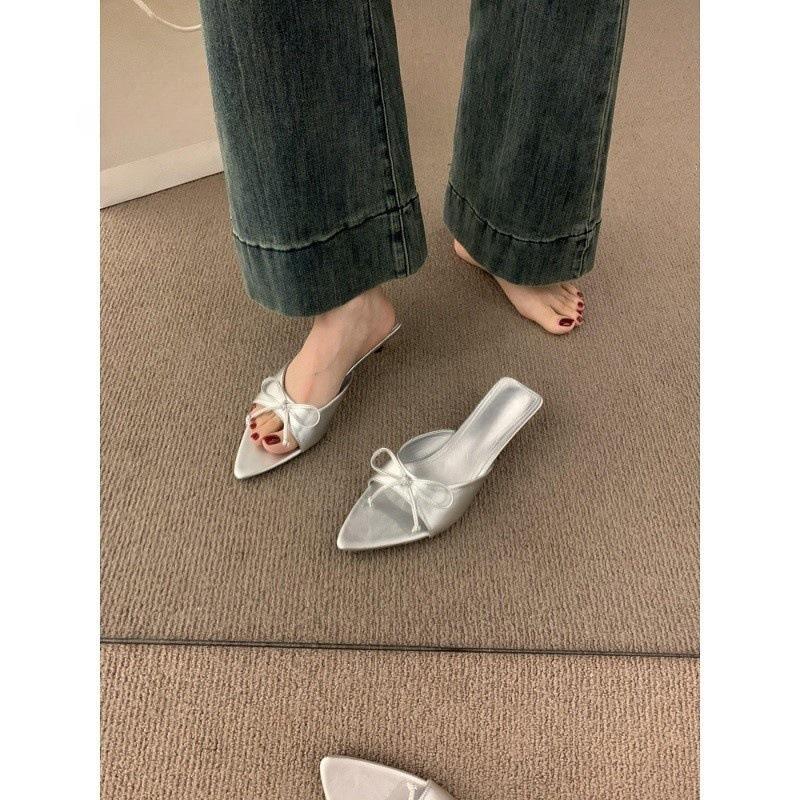 Temperament Open-toed Pointed Beautiful Slippers Women's Summer Wear 2025 New Kitten and Bow Cool Slippers