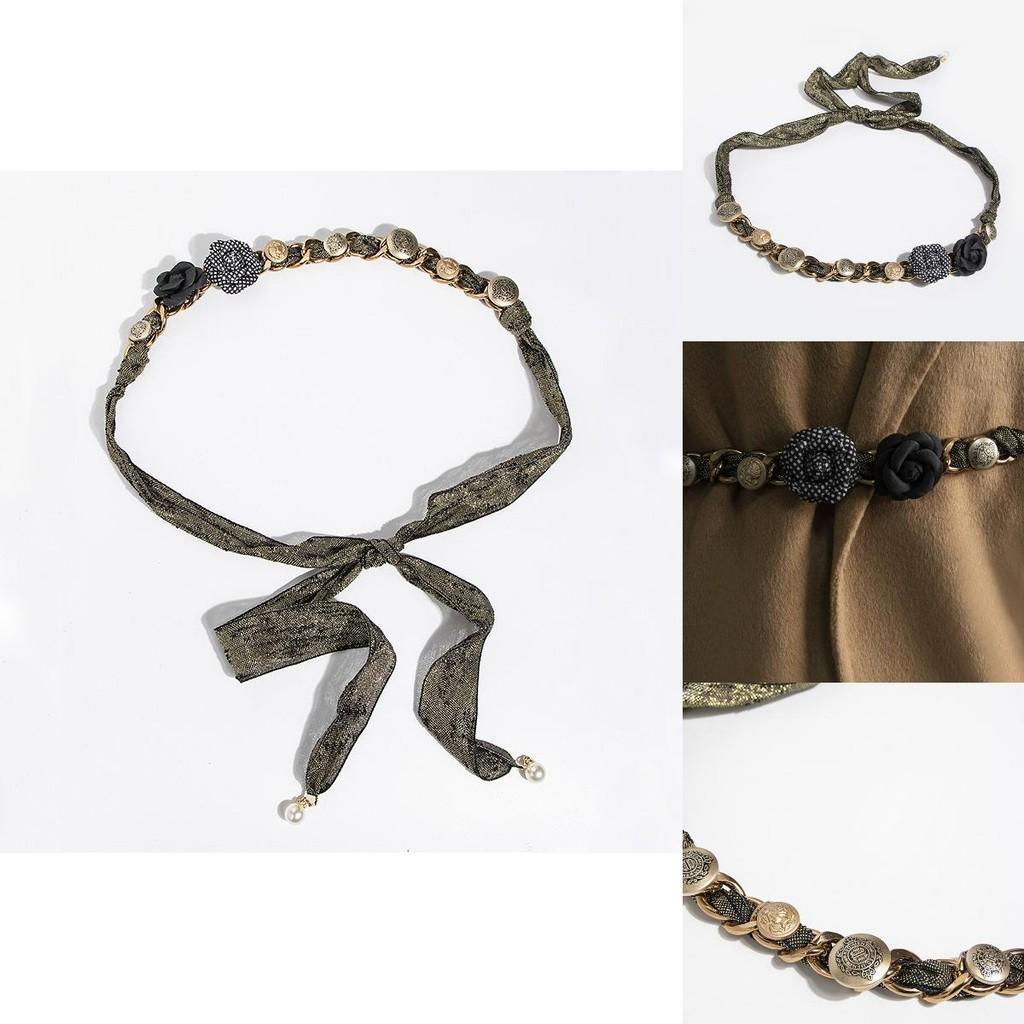 Ethnic Style Womens Silk Belt With Rose Flower Vintage Button Chain For Summer Fashion