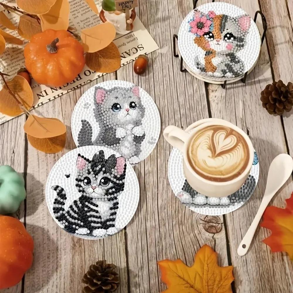 8 Pieces/set of Diamond Painted Cat Patterned Coasters, DIY Coasters with Holder, Suitable for Beginners and Adults, Art and Craft Supplies Gifts