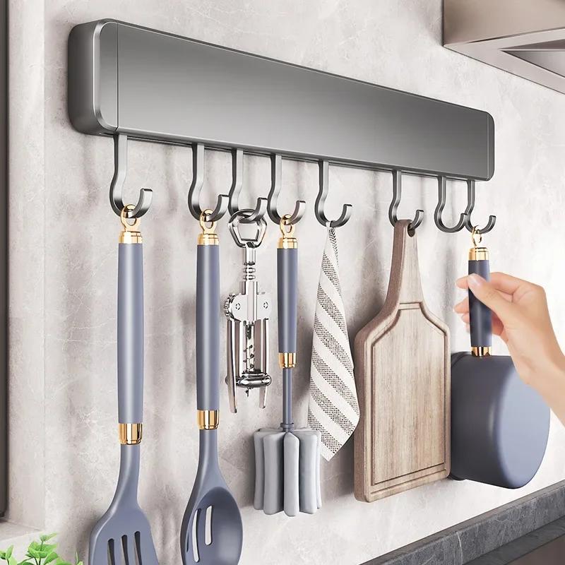 Non-perforated Kitchen Storage Rack Wall Mounted Shelves Kitchen Utensil Accessories with Movable Hook Spoon Holder Organizer