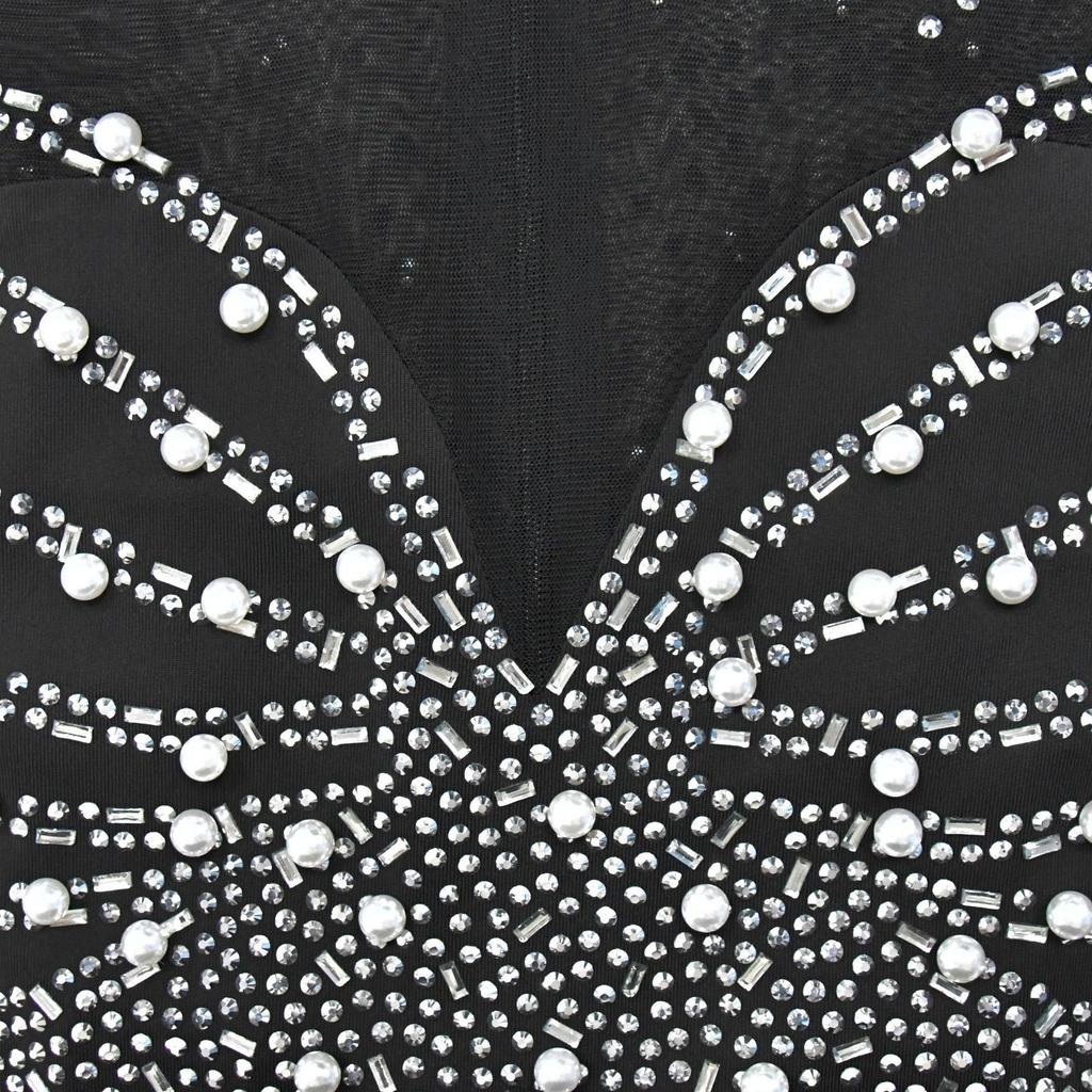 Women's Fashion Solid Color Mesh Slit Long Dress with Hot Drill Detailing.