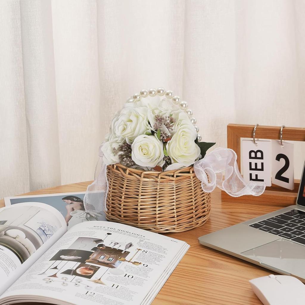 koundeneko Wicker Flower Basket, Pearl Hand, Mini, with Ribbon, Woven Basket, Flower Holder, Wedding, Reception, Girl's Basket, Flower Shower Basket