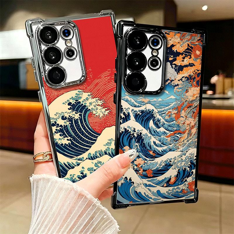 Japanese Wave Kanagawa Surfing Plating Phone Case For Samsung Galaxy S24 S25 FE S26 Edge S23 Ultra S22 S21 Plus S20 Anti-Fall Ai