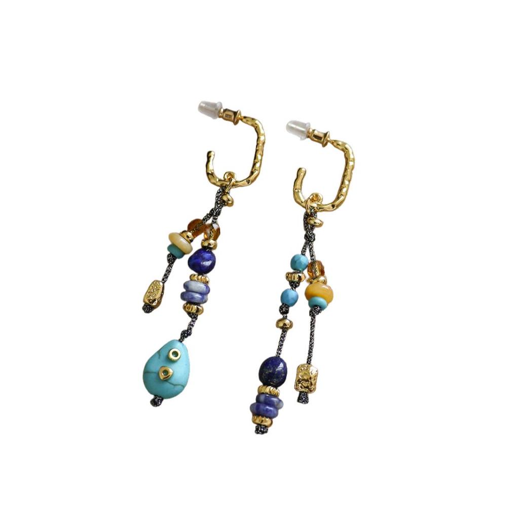 Retro Ethnic Tassel Earrings in Yellow Jade & Turquoise - Asymmetrical Vintage Design