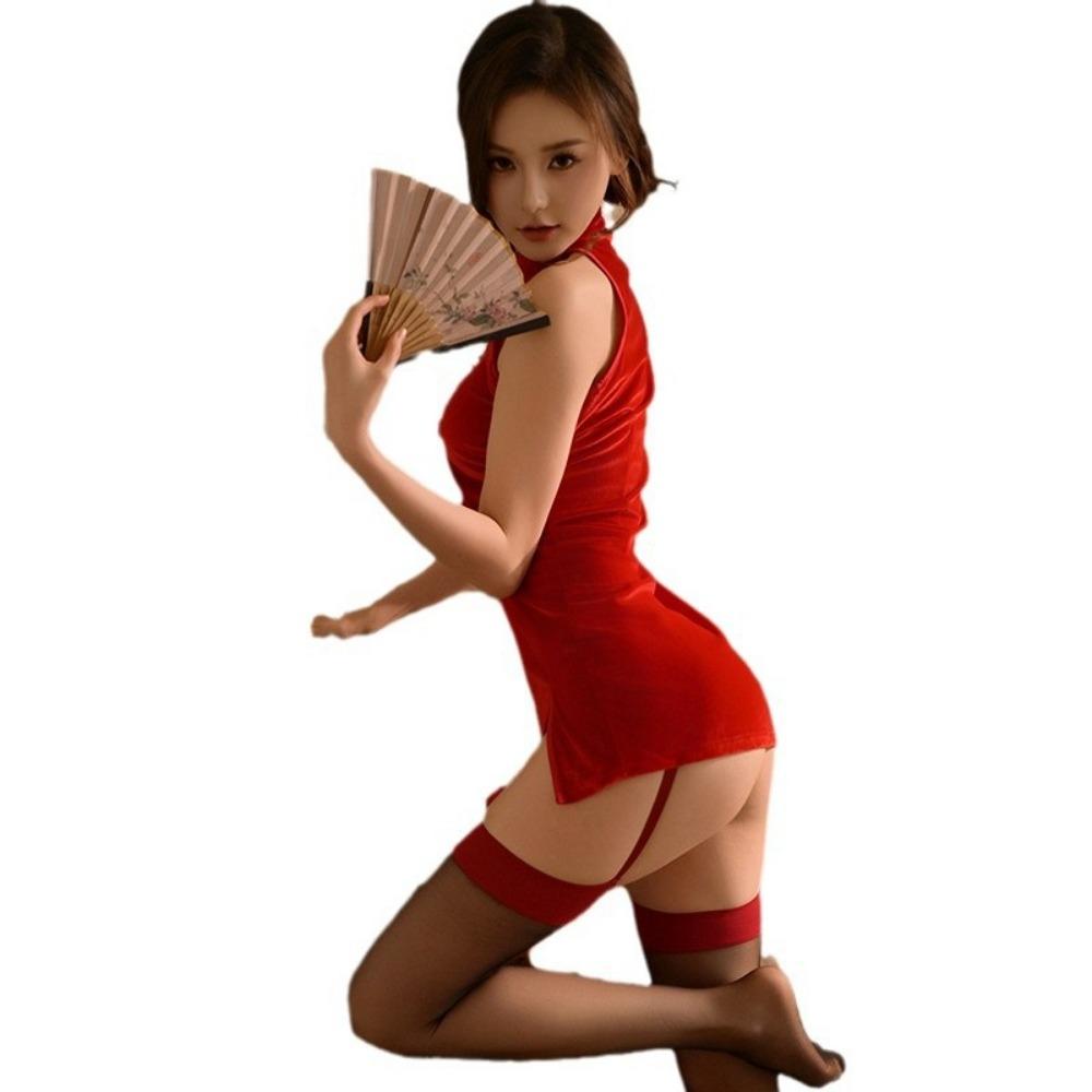 Sexy Lingerie Velvet Cheongsam Hanfu Hip-wrapped Retro Stand-up Collar Uniform Set Free Clothing Bed Pajamas