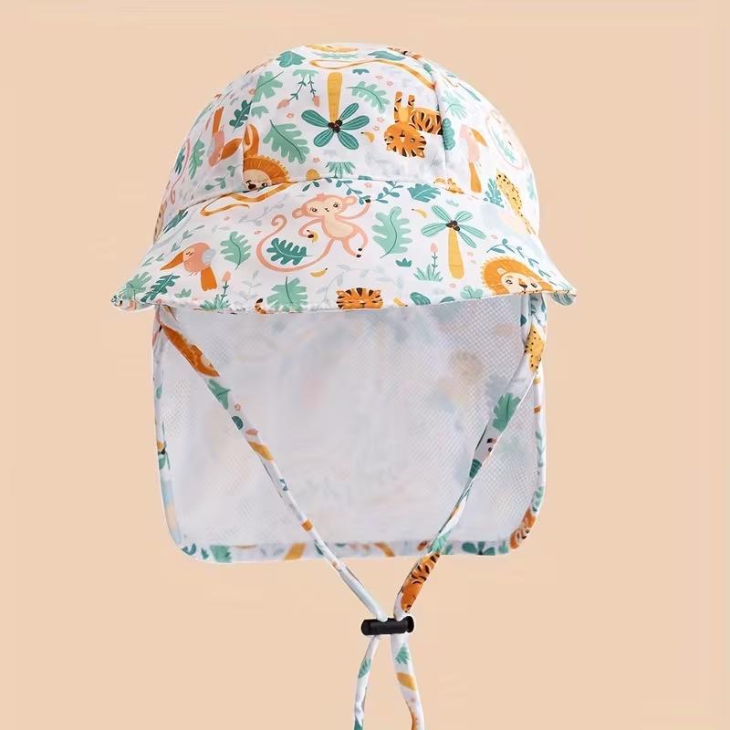 Summer Kids Cartoon Animal Print Bucket Hat, Large Brim Breathable Sun Hat, Boys Girls Neck Protection Beach Cap