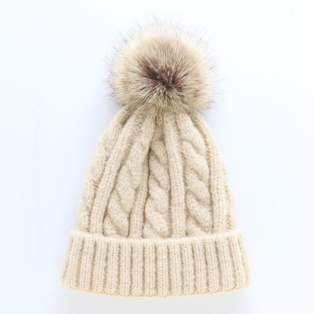 Thick Hemp Pattern Single-layer Hat Korean Style Autumn and Winter Women's Knitted Wool Cashmere Blend Solid Color Large Fur Ball Pullover Hat