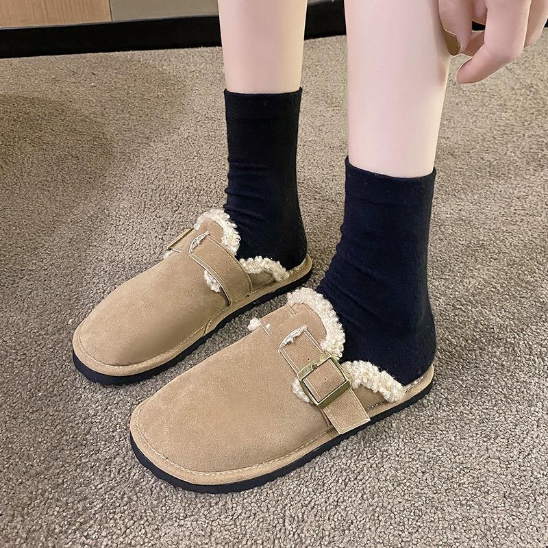 Baotou Half Slippers Women's New Autumn and Winter Round Head Flat-bottomed Piled Thermal Casual Fluffy Slippers