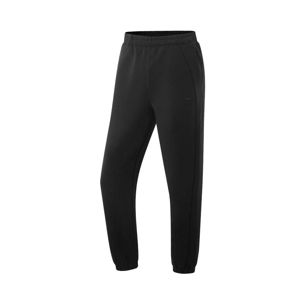 Li Ning Fitness Series Solid Color Mid Waist Drawstring Comfortable Breathable Versatile Cuffed Knitted Sports Pants Women bottoms Black AKLU590-2