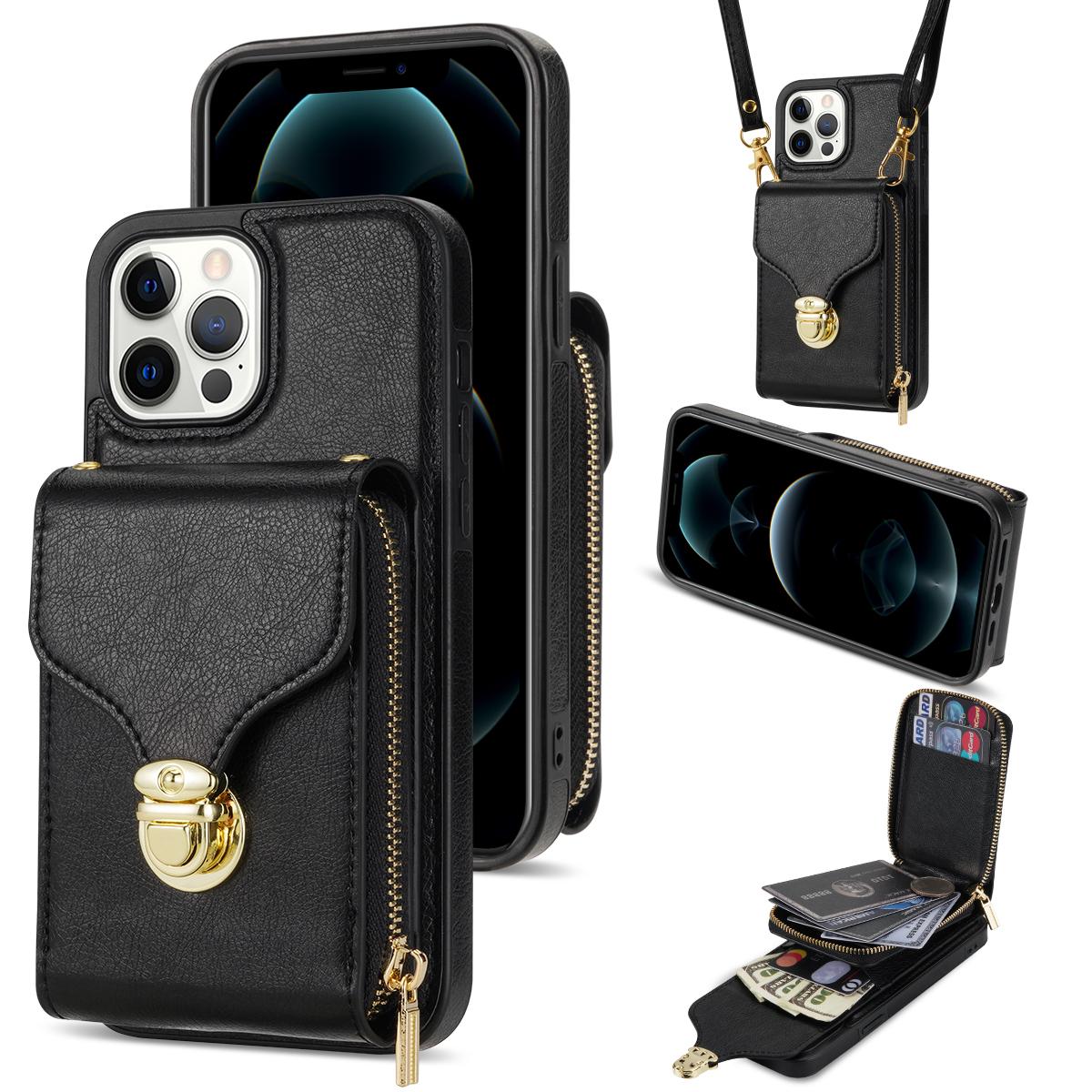 

Zipper Purse Wallet Cards Bag Leather Long Lanyard Case For iPhone 14 13 12 15 Pro X XS Max XR 8 7 Plus SE 2022 Crossbody Cover For iPhone 14 чёрный