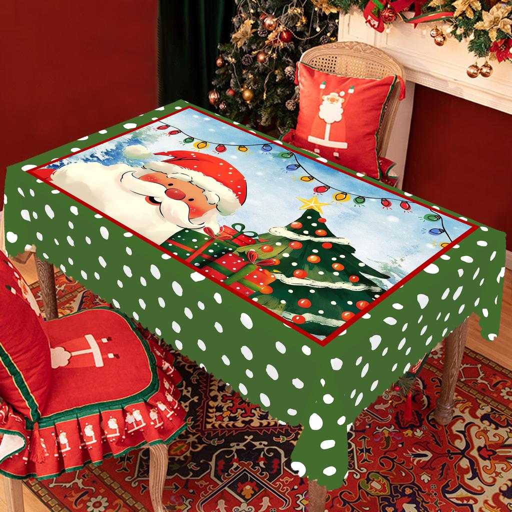 1 kus vánočního kulatého a obdélníkového ubrusu, různé velikosti, potisk Santa Clause a vánočního stromku, zelený ubrus se zelenými puntíky, S