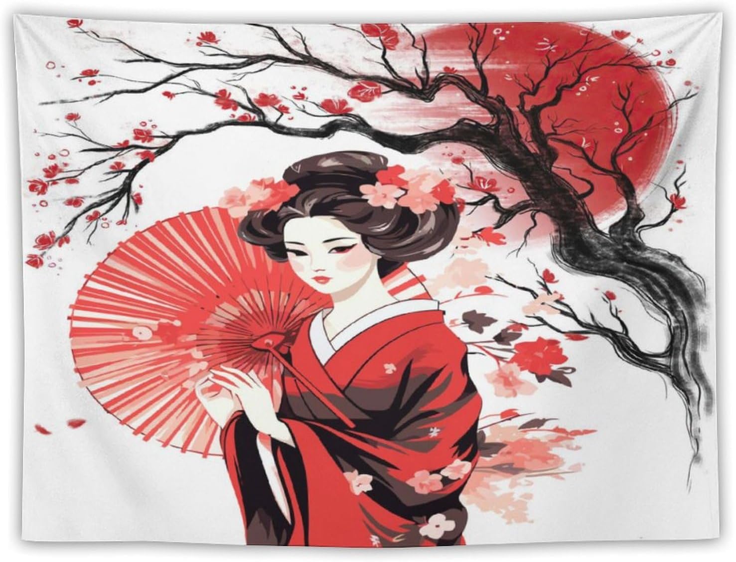 

Japanese Red Geisha Tapestry Asian Cherry Blossom Red Sun Traditional Kimono Folk Tapestries Home Decor for Living Room Bedroom 74x94cm(29x37in)
