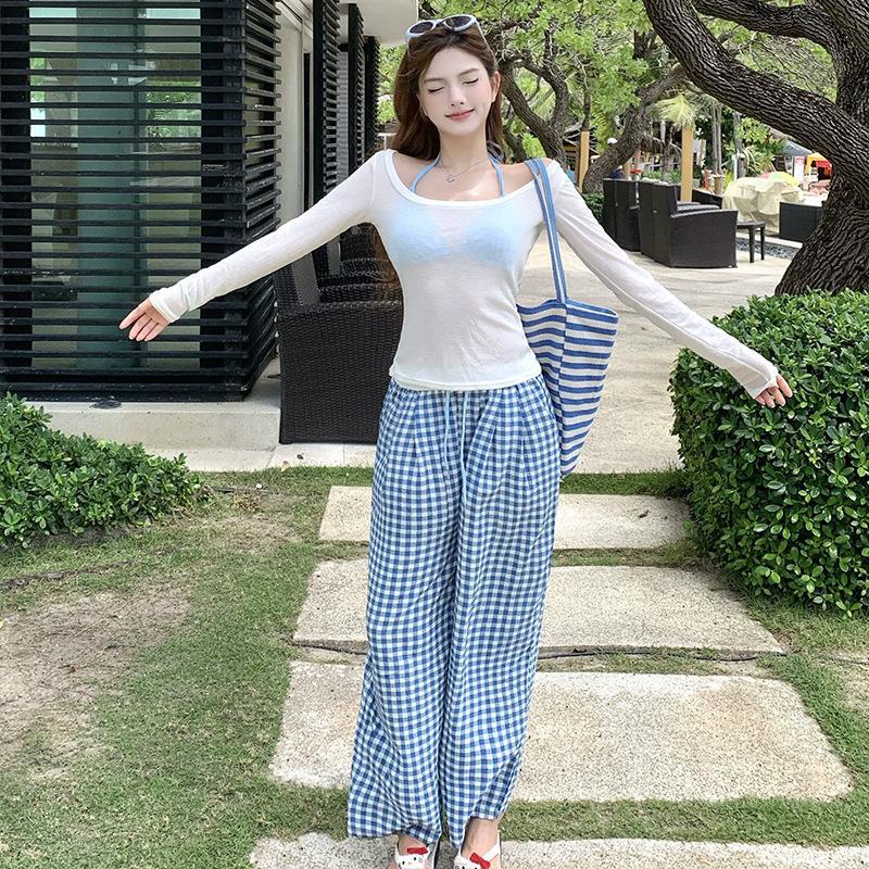 

Vacation Vibes: Women s Plaid Wide-Leg Pants & Bikini 4-Piece Swimsuit Set XL (suggested 53-60 kg) синий