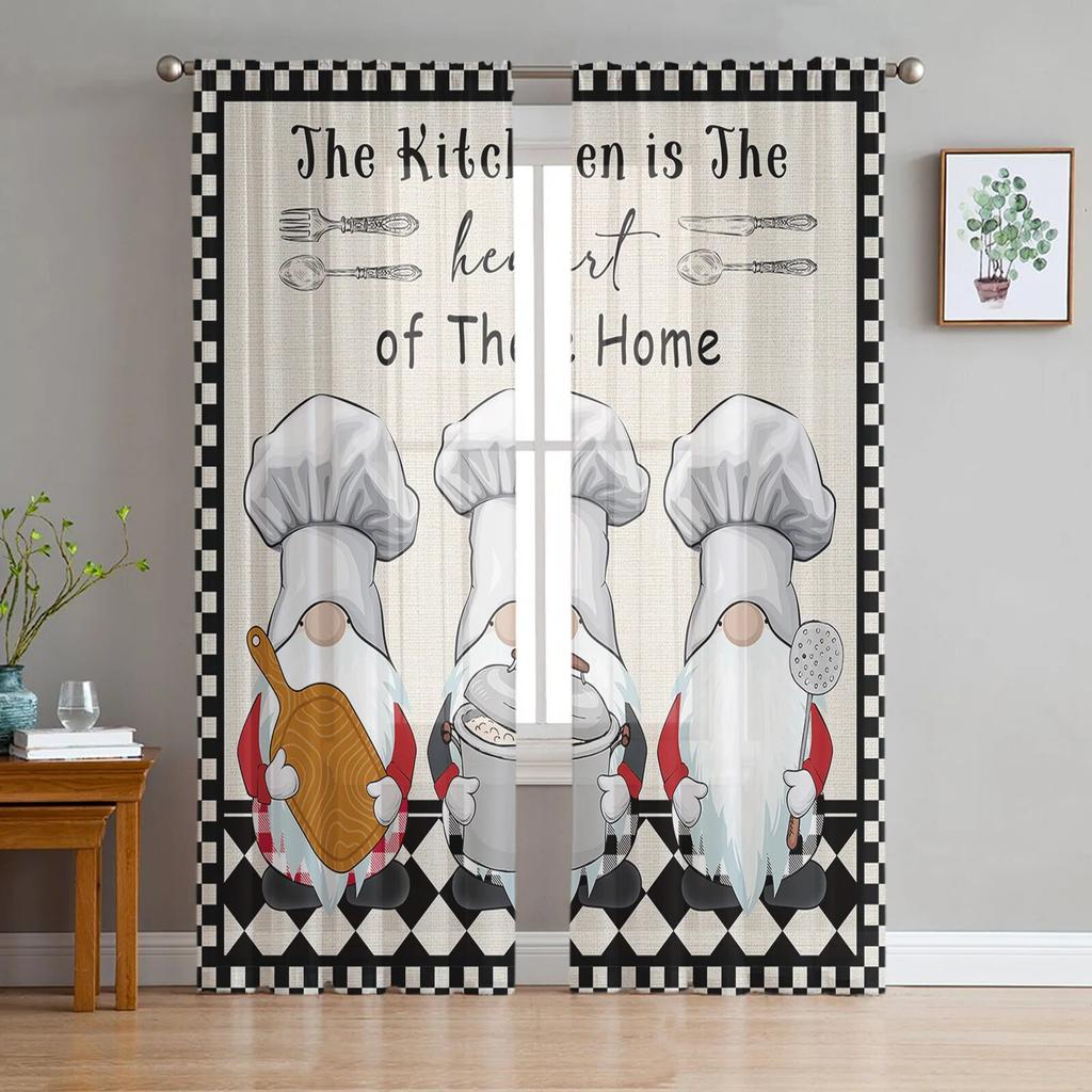 Kitchen Utensils Plaid Tulle Curtains For Living Room Chiffon Voile Sheer Window Curtain For Bedroom