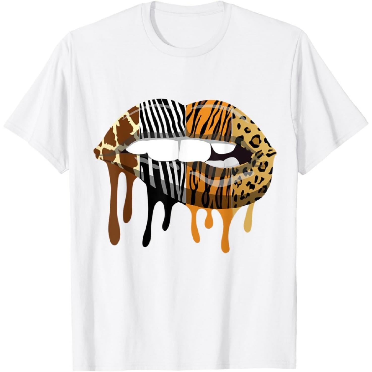 Sexy Biting Lips Animal Print Leopard Tiger Giraffe Zebra T-Shirt XXXXXL белый