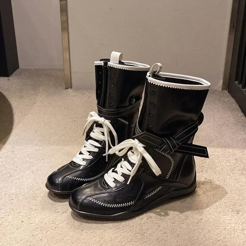 Fashion Luxury Vintage Booster Boots Women's Fall Autumn Winter Boxing Frosted Leather Lace-up Ankle Boots Zapatos De Mujer Hot Selling