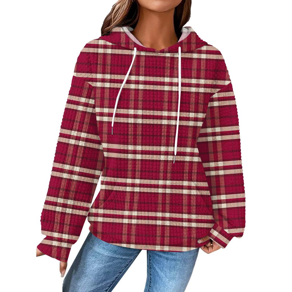 Women's Fashion Loose Hooded Pullover Long Sleeve Plaid Sweatshirt with Drawstring Drop Shoulder and Pocket Print Top