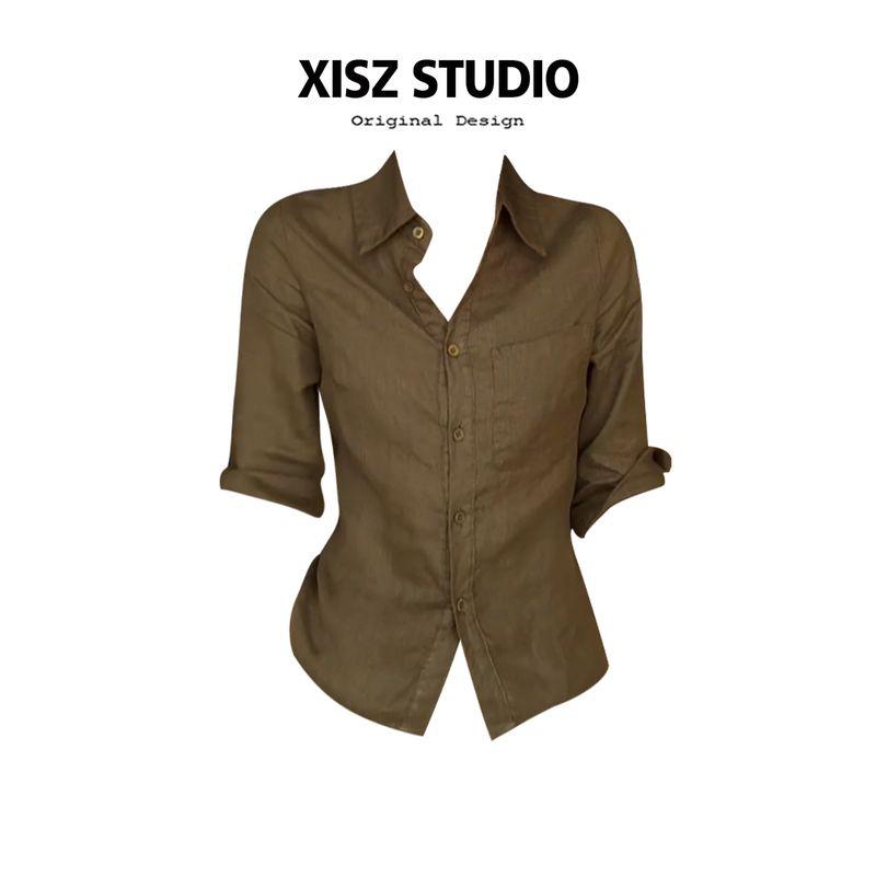 

American-Style Casual Lapel Collar Regular Shoulder Three-Quarter Sleeve Linen Shirt for Women, New Summer Slim-Fit Waist-Cinching Short Versatile Top Olive green M