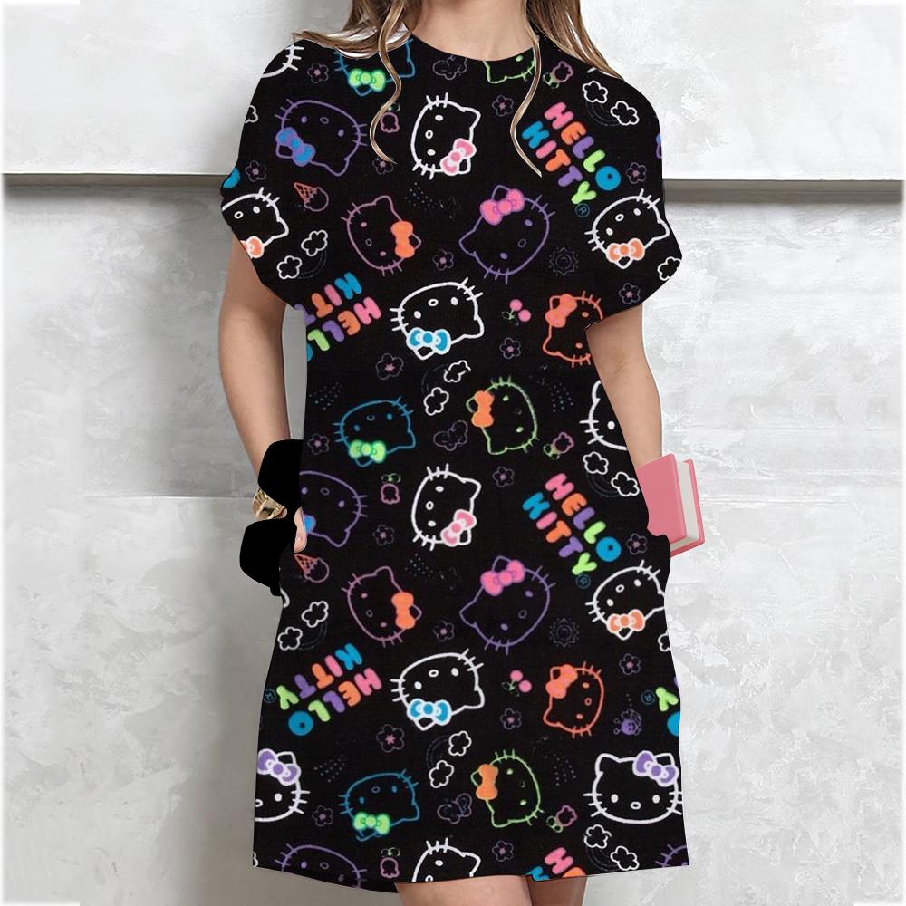 Damen Casual Kurzarm T-Shirt Kleid Vintage Hello Kitty Aufdruck Lockeres Minikleid Elegantes Einfaches Minikleid Streetwear Sommerkleid L