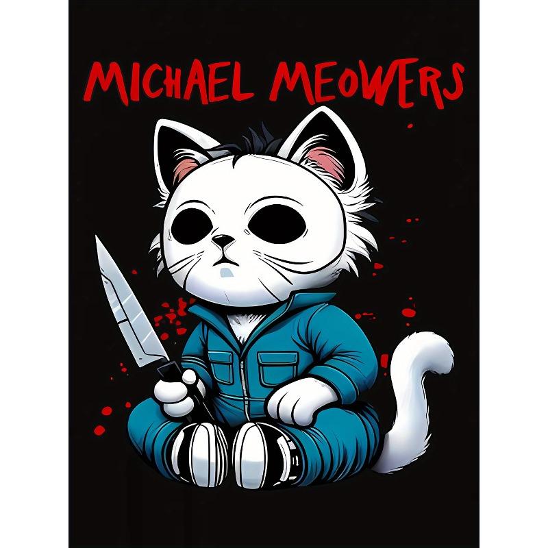 European sizes Women's Cute Scary Cat Print T-Shirt - Compatible for Devices - Casual Short Sleeve Round Neck Summer Top with Kitten Lettering