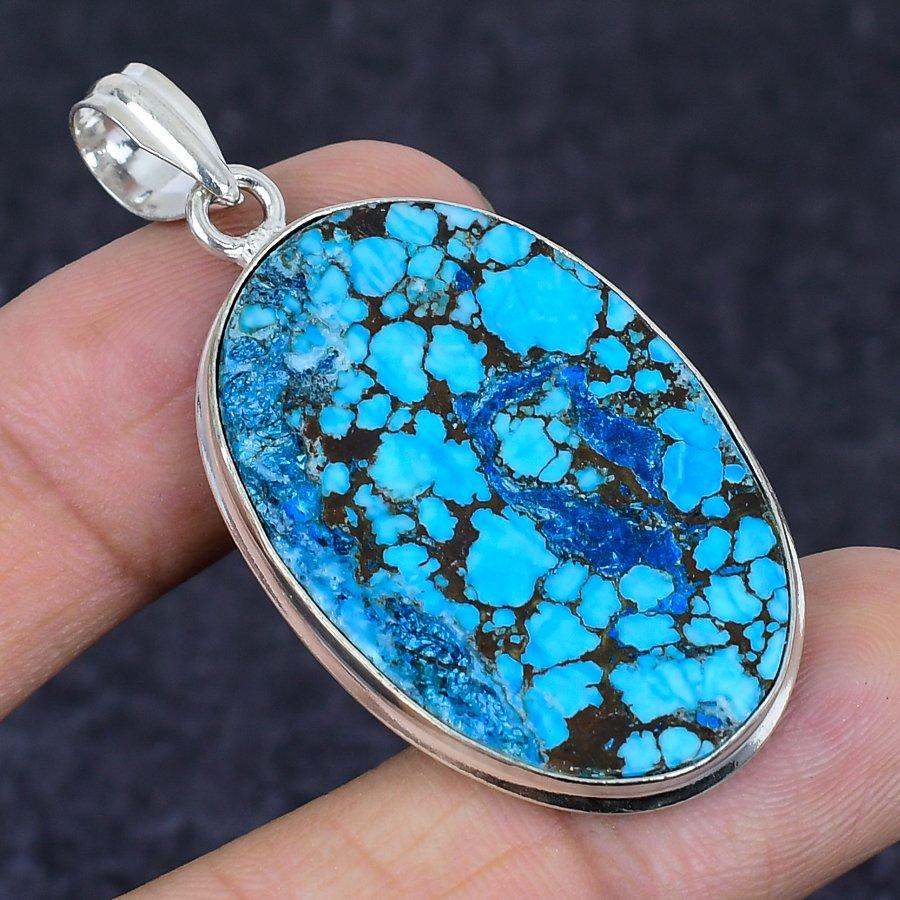 Tibetan Turquoise Gemstone Handmade 925 Sterling Silver Pendant 2.13" Y8f64