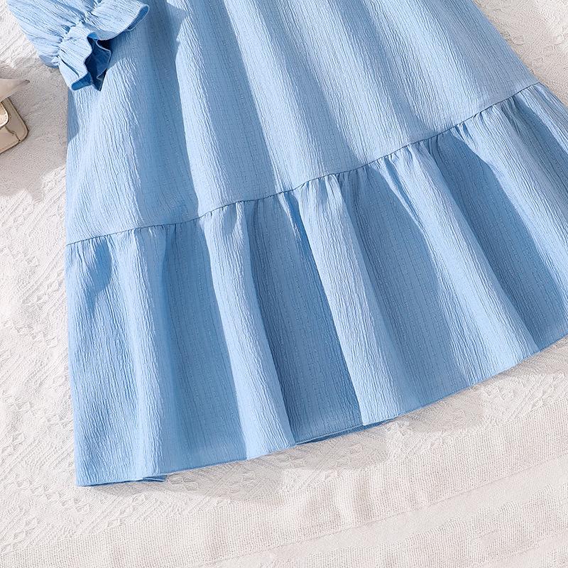 Girl Clothing 2026 Spring Autumn New Fairy Long Sleeve Chic Bow Mid-Length Blue Dress
