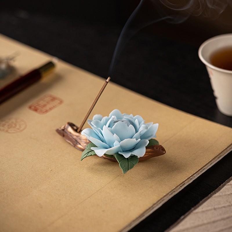 Zen Ceramic Censer Handicrafts Home Ornaments Peonies Incense Burner Flower Incense Stick Holder Home Office Table Decoration