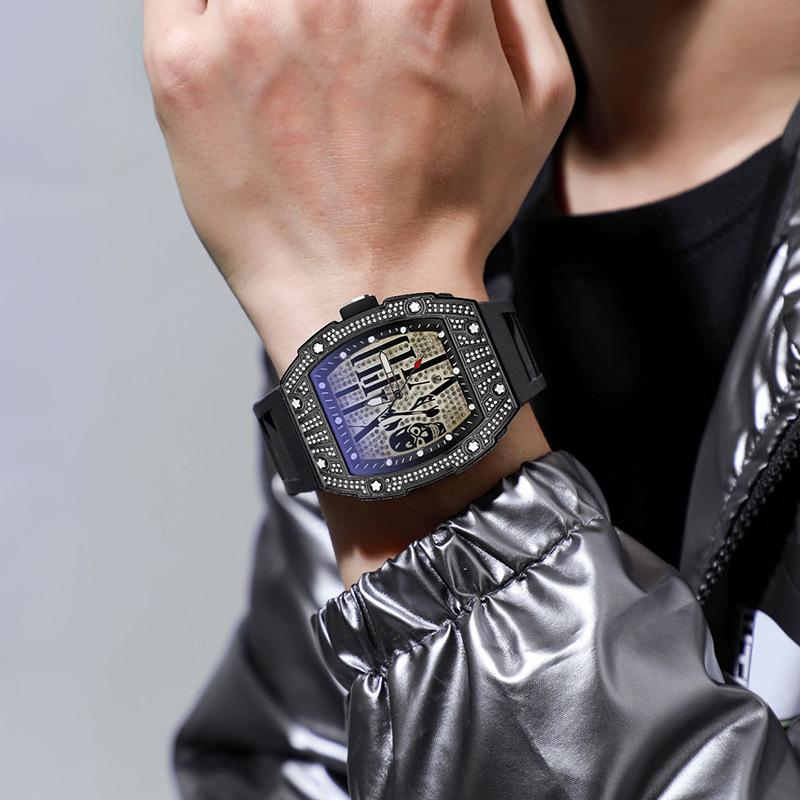 Barrel-Shaped Dial Full Diamond Watch Casual Calendar Quartz Watch