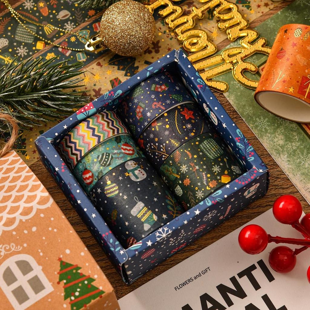 6 ruller Merry Xmas Washi Tapes Sett Gullfolie Selvklebende Maskeringstape Juledekorasjonsklistremerker for Album Gaveinnpakning