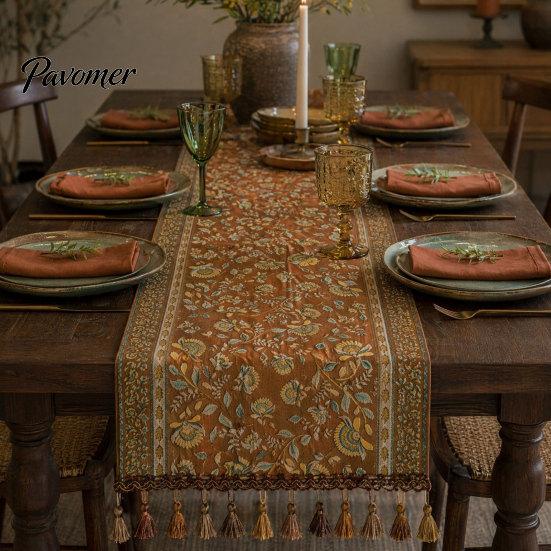 Dining Room Table Runner Jacquard Runner, Vintage Floral Elegant Tassel Edge with Tassels for Home Party Decor