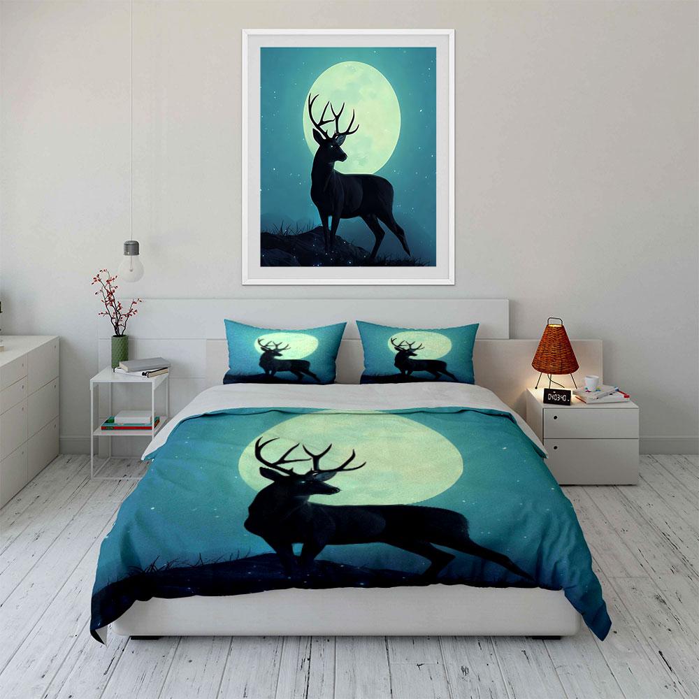 Moonlit Deer Landscape Decor Soft Comfortable Duvet Cover Bedding Set Included 1*Duvet Cover & 2*Pillowcases, Gift