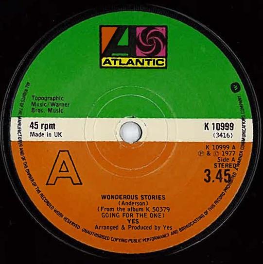 

7inch Record YES - Wonderous Stories K10999 Atlantic 1977 UK Rock Used
