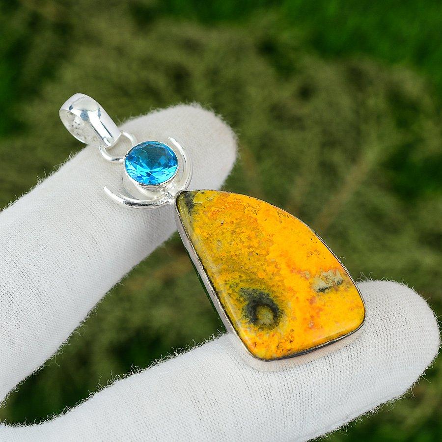Natural Bumble Bee Jasper Swiss Blue Topaz 925 Sterling Silver Bezel New Pendant