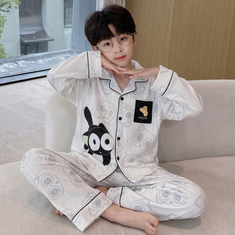 Boys Cotton Pajama Set Long Sleeve Hoodie Sleepwear Kids Teens 2026 Soft Cloud Home Wear