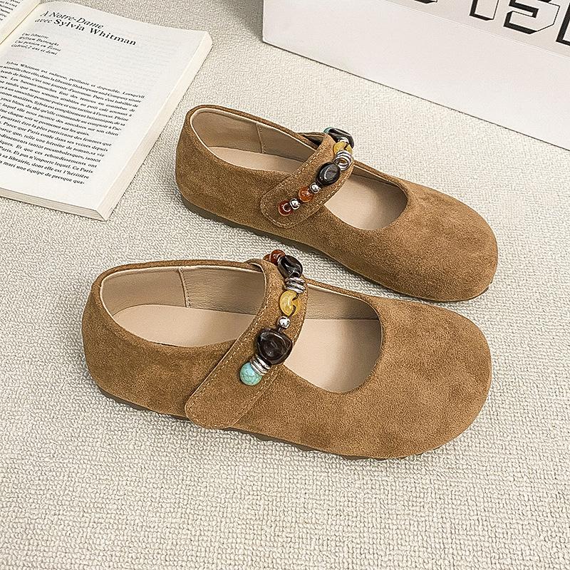 22 years old new single shoes retro round head light mouth metal word belt elegant and beautiful flat Mary Jane single shoes