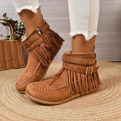 Mode Damen Stiefeletten Retro Quasten Runde Zehenpartie Kurze Stiefel Damen Winter Lässig Flache Damenschuhe Nieten Bequem Schnalle Warme Schuhe