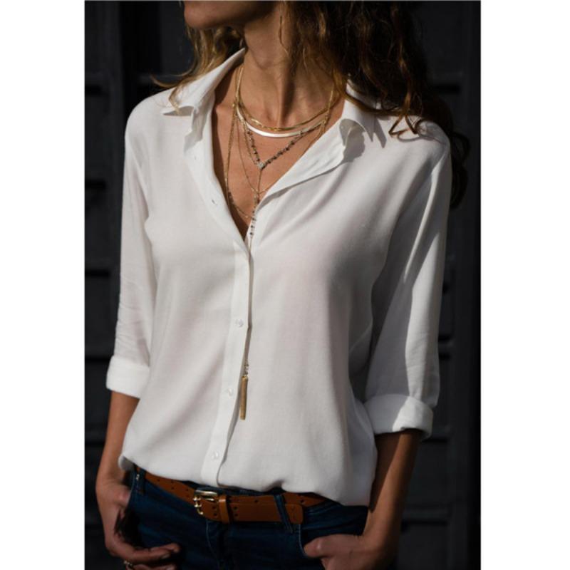 Spring and summer new models new women s clothing solid color dark V button women s long-sleeved shirt now S белый