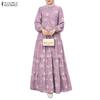 Women Floral Print Casual Round Neck Long Sleeve Loose Long Dress