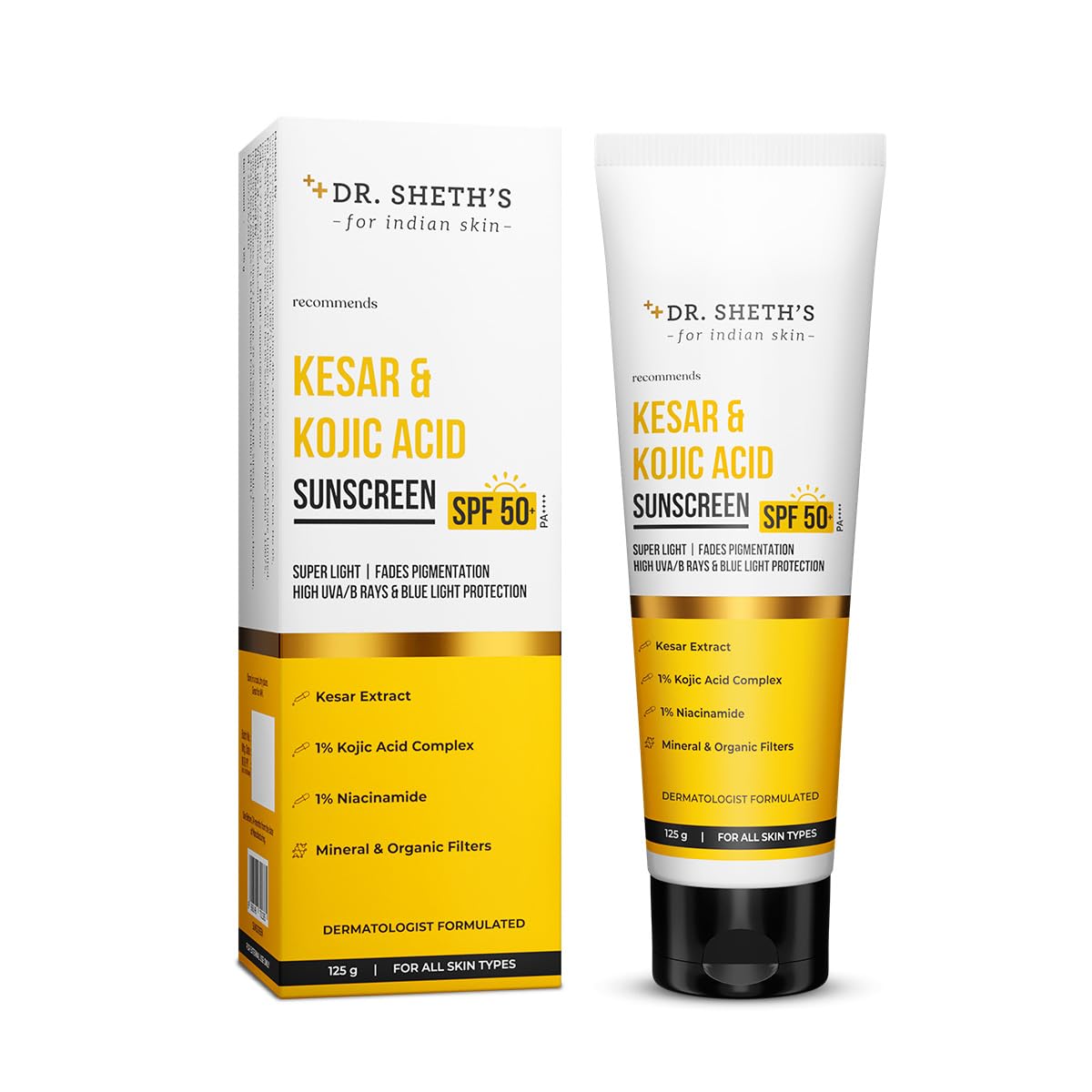 

Dr. Sheth s Kesar & Kojic Acid Sunscreen SPF 50+ Pa++++ Lightweight Non-Greasy 125 g For All Skin Types