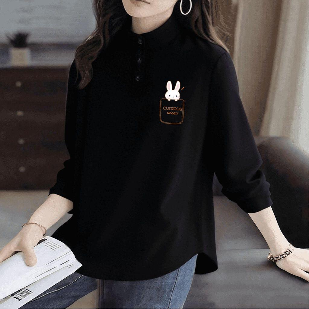 Plus Size Women's Long Sleeve Fleece T-Shirt - Loose & Slimming, Brushed Interior for Autumn/Winter, Half-High Collar, Base Layer.