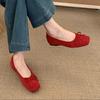 Flat red single shoes female French gentle fairy ballet style beanie shoes inner height increase yellow ladyshoes