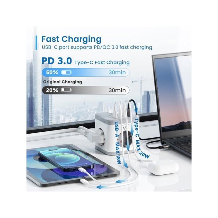 Ewent EW3863 Regleta en Bloque 3x Tomas Shucko 16A + 2x USB-A + 2x USB-C 5V/3A PD/QC 3.0 Blanca