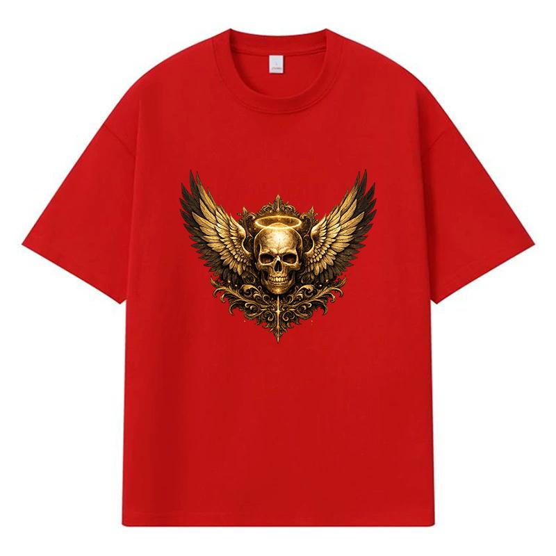 2026 Skull With Wings And Halo Printed Graphic Y2k Harajuku Streetwear 100% Cotton T Shirt Casual Oversized Summer Men T-shirt