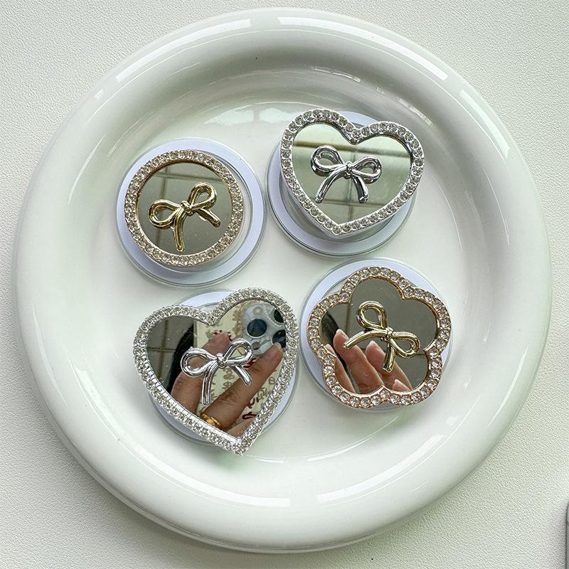 Rhinestone Bow Love Round Flower Mirror Mobile Phone Airbag Holder Magnetic Retractable Desktop Support Holder