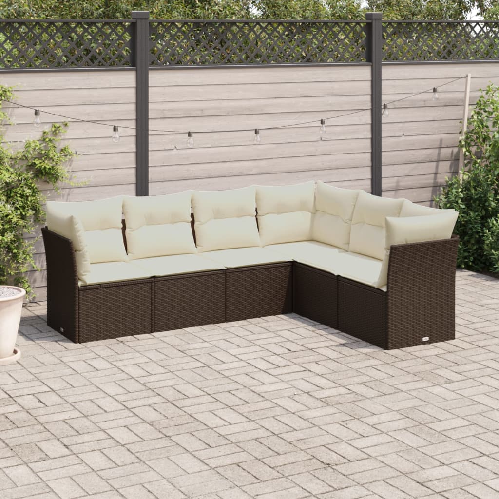 6 Piece Brown Garden Sofa Set with Cushions Poly Rattan